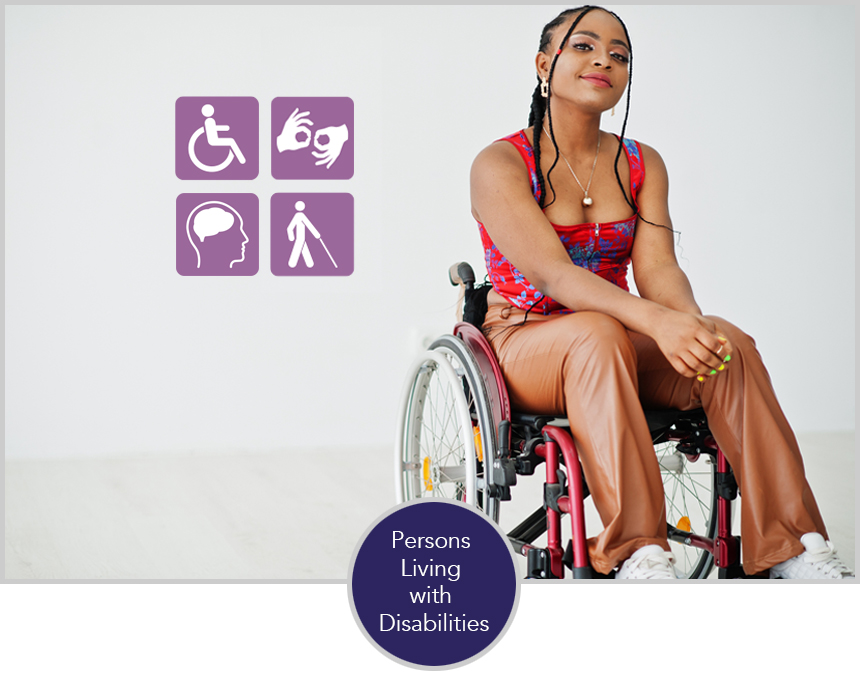 Young adult of color in wheelchair, with symbols for physical, sensory, intellectual and emotional disabilities.